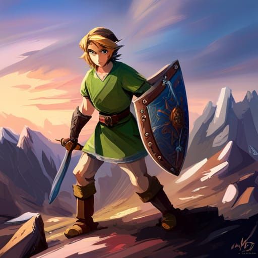 Hyperrealistic Link on Windy Mountain at Dusk