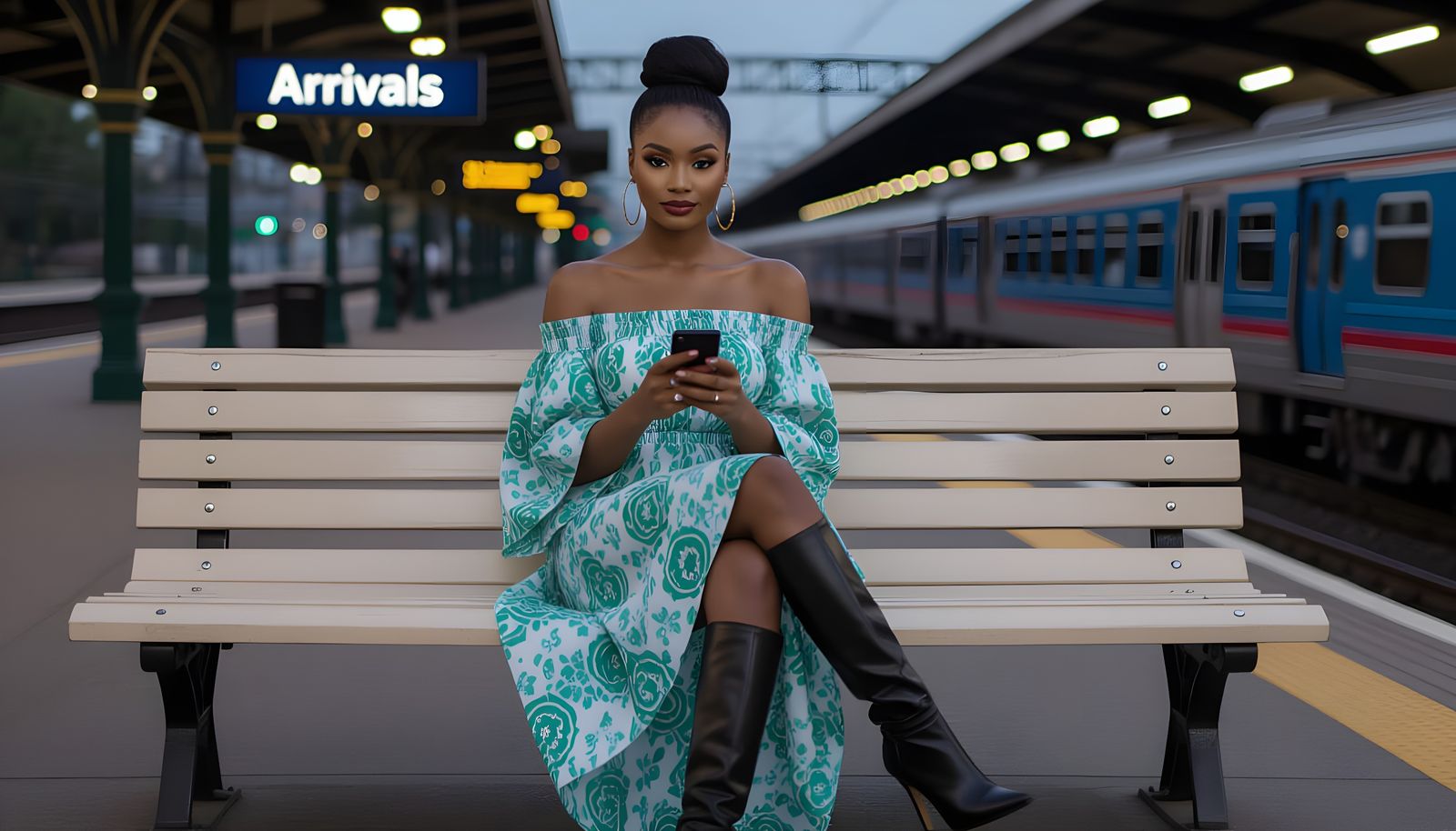 Nigerian Model at Train Station Platform in Evening Light