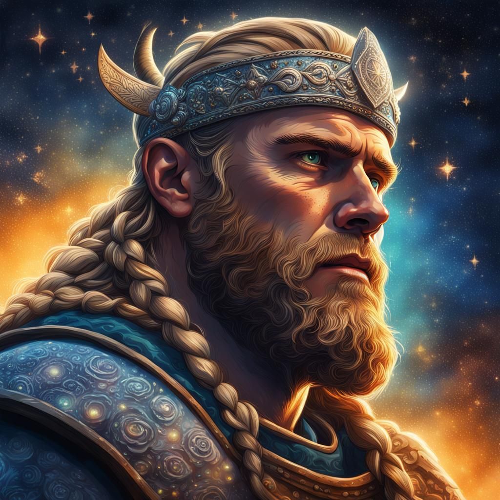 Viking Man Contemplates Starry Sky: Hyperrealistic Digital A...