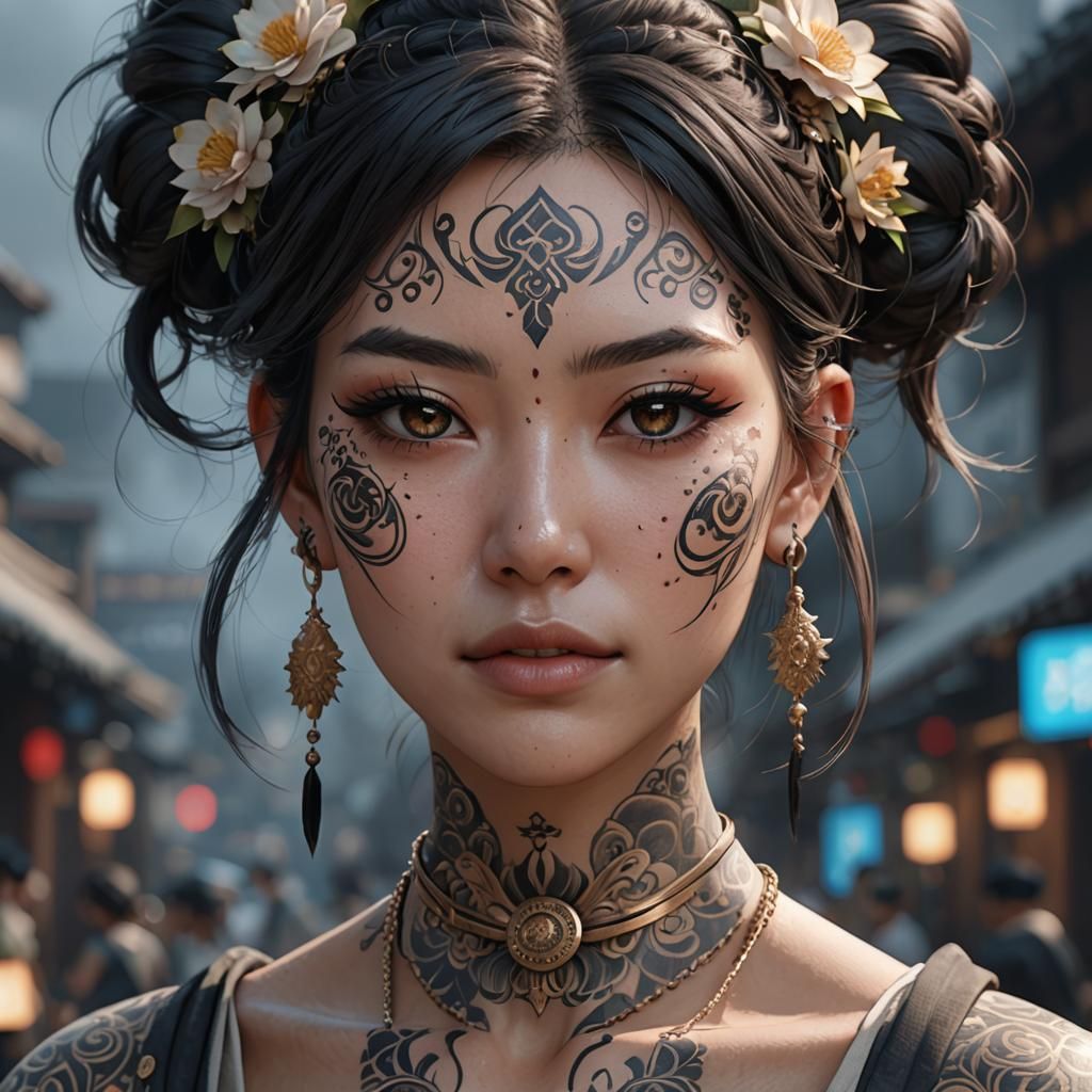 Anime Style Portrait of Young Woman with Tattoos