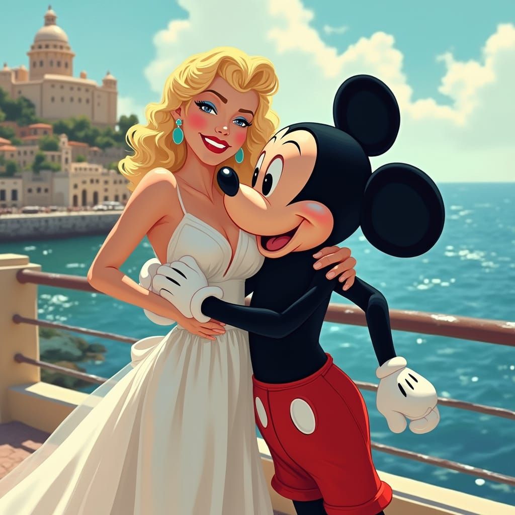 Glamorous Marilyn Monroe Embraces Mickey Mouse on Naples Wat...