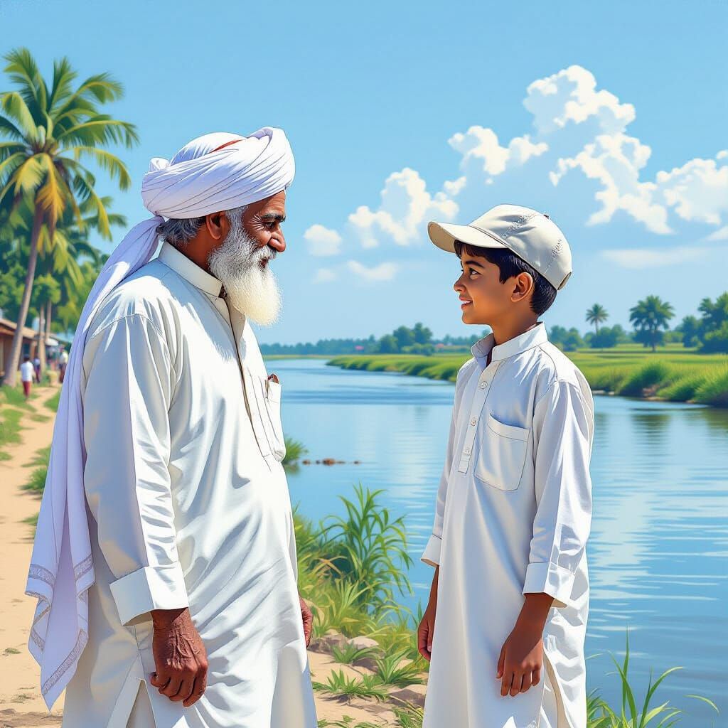 Elderly Man and Boy in Rural Bangladesh, Vibrant Art
