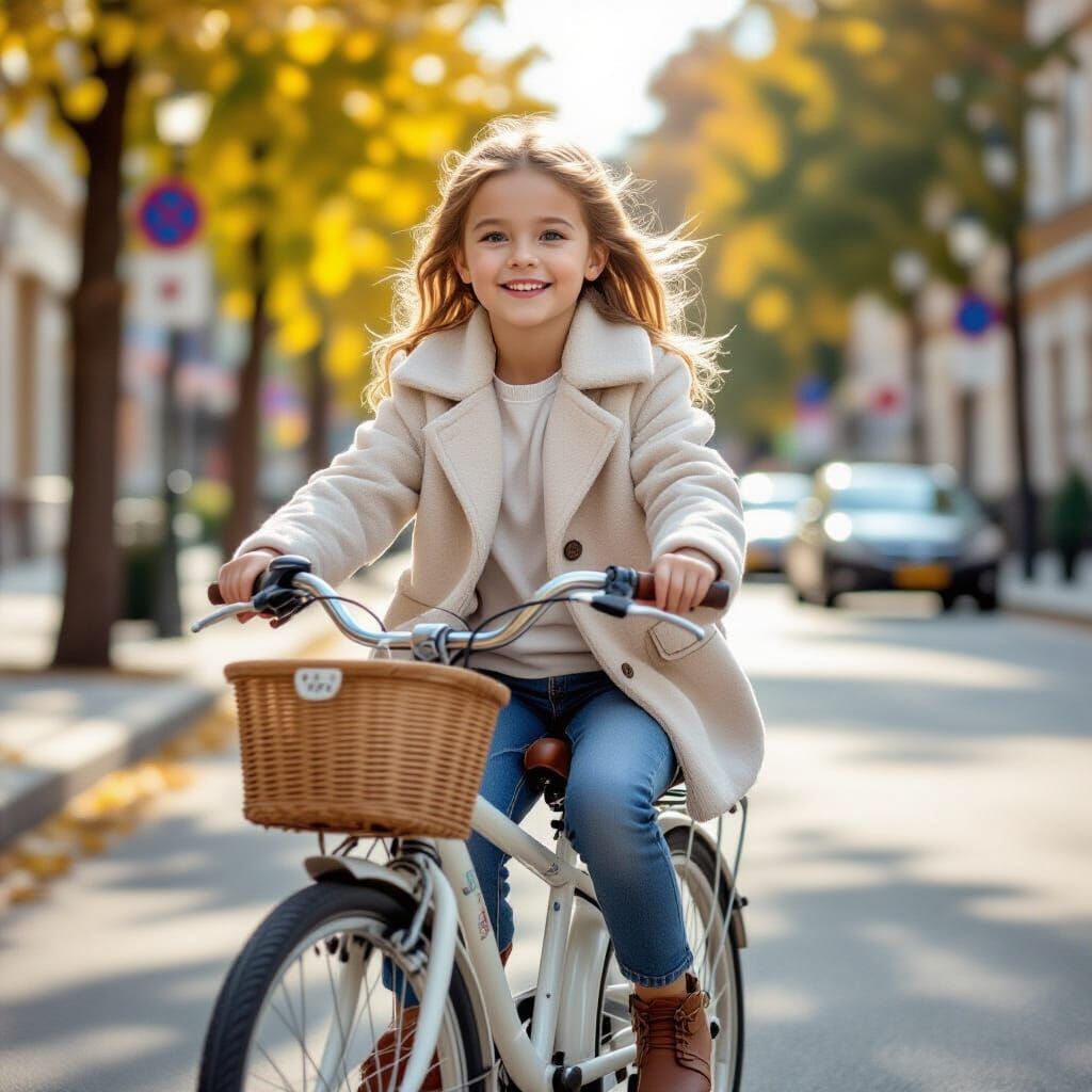 Sweet Girl Joyfully Rides Her Bicycle
