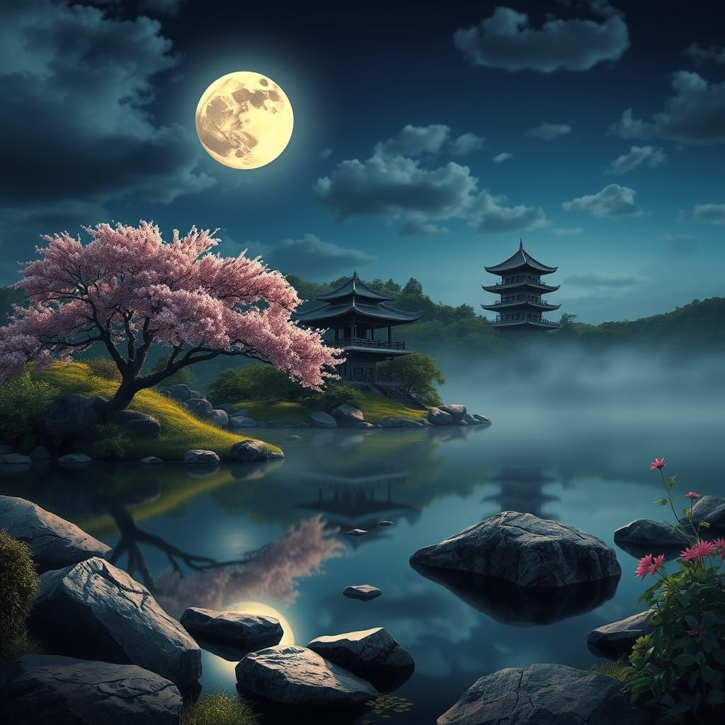 Mystical Moonlit Landscape with Pagodas