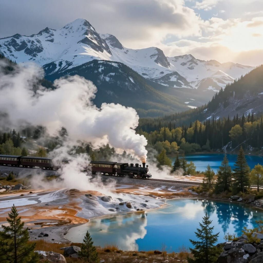 Vintage Train in Snowy Mountain Landscape with Geothermal Ve...