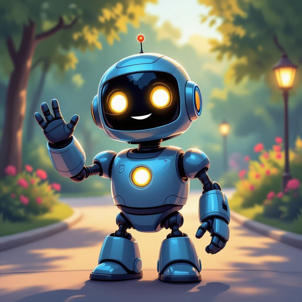 Friendly Cartoon Robot Waves Hello in Disney Style