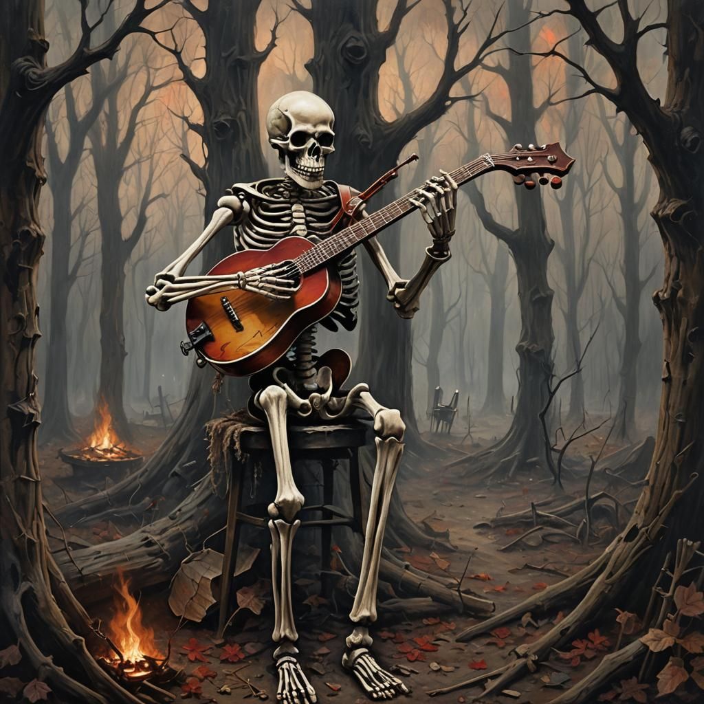 Skeleton Banjo Player in Dark Romantic Oil Painting