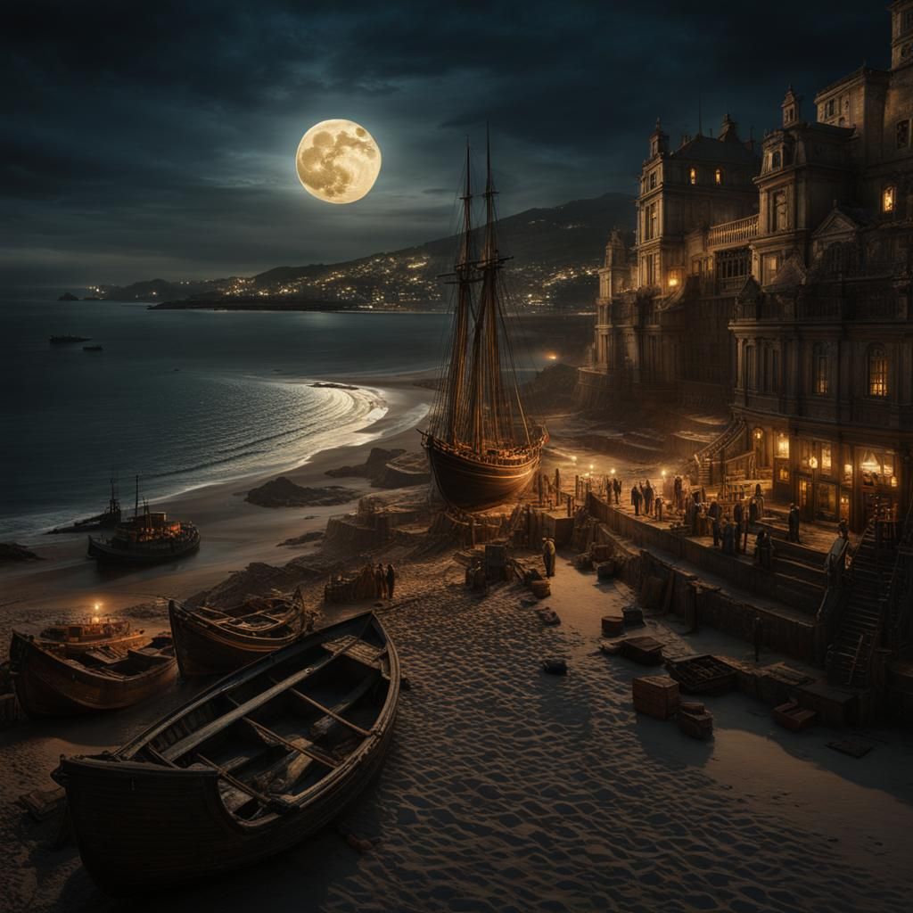 Full Moon Over Coastal Town: Digital Matte Painting