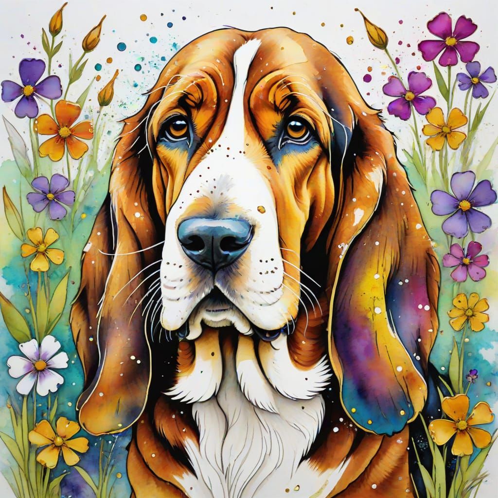 Colourful Basset Hound in Spring Garden, Impressionist Style