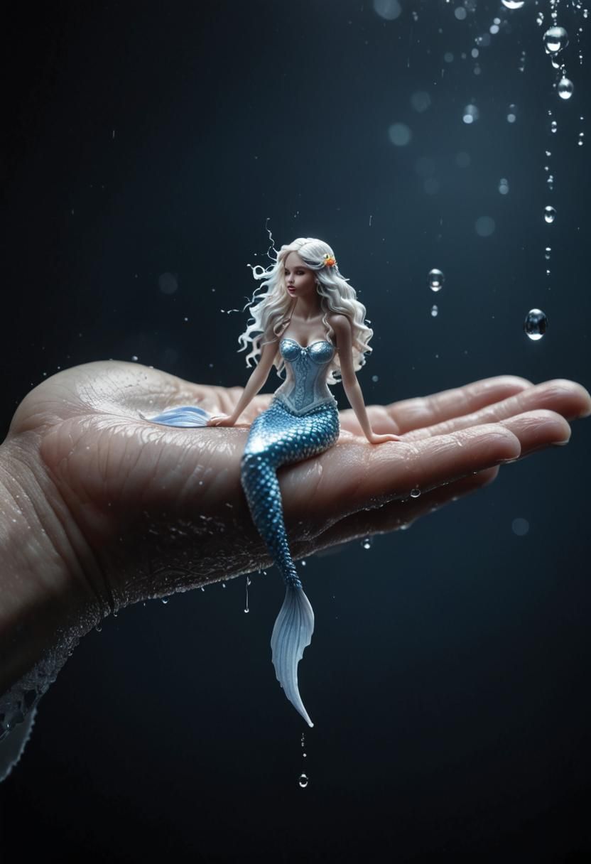 Hyperrealistic White Mermaid in Hand, Dripping Water