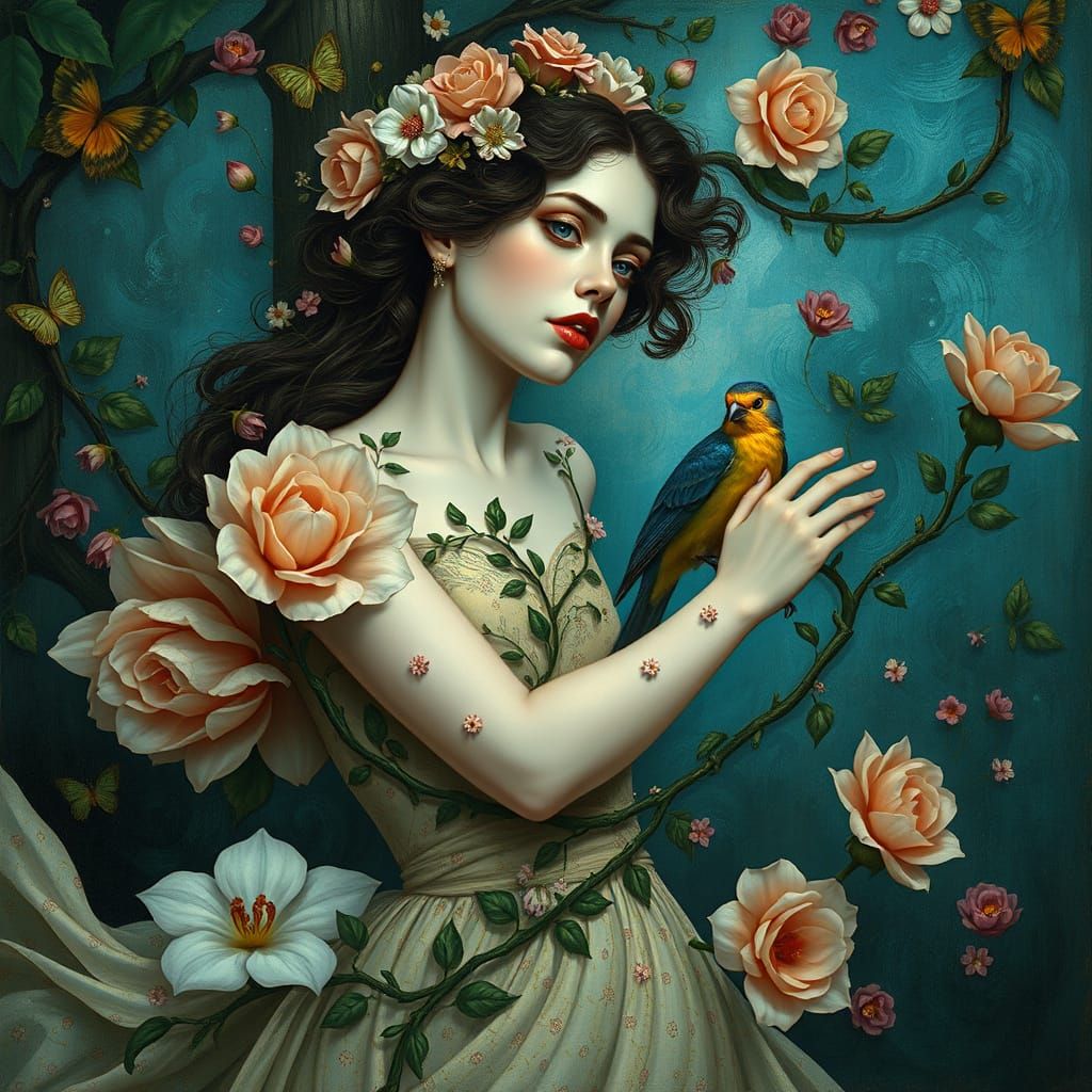 Dancing Woman with Flowers in Art Nouveau Style