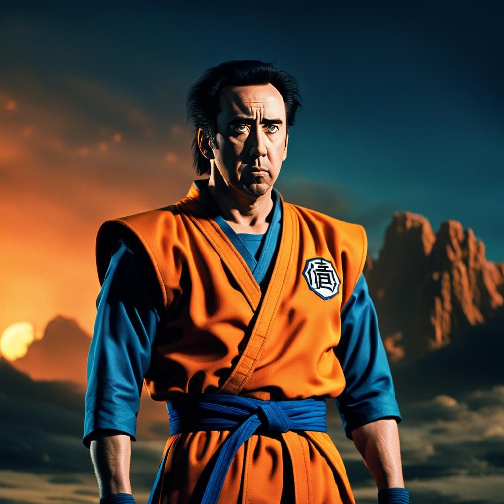Nicolas Cage as Goku: A Cinematic Film Still