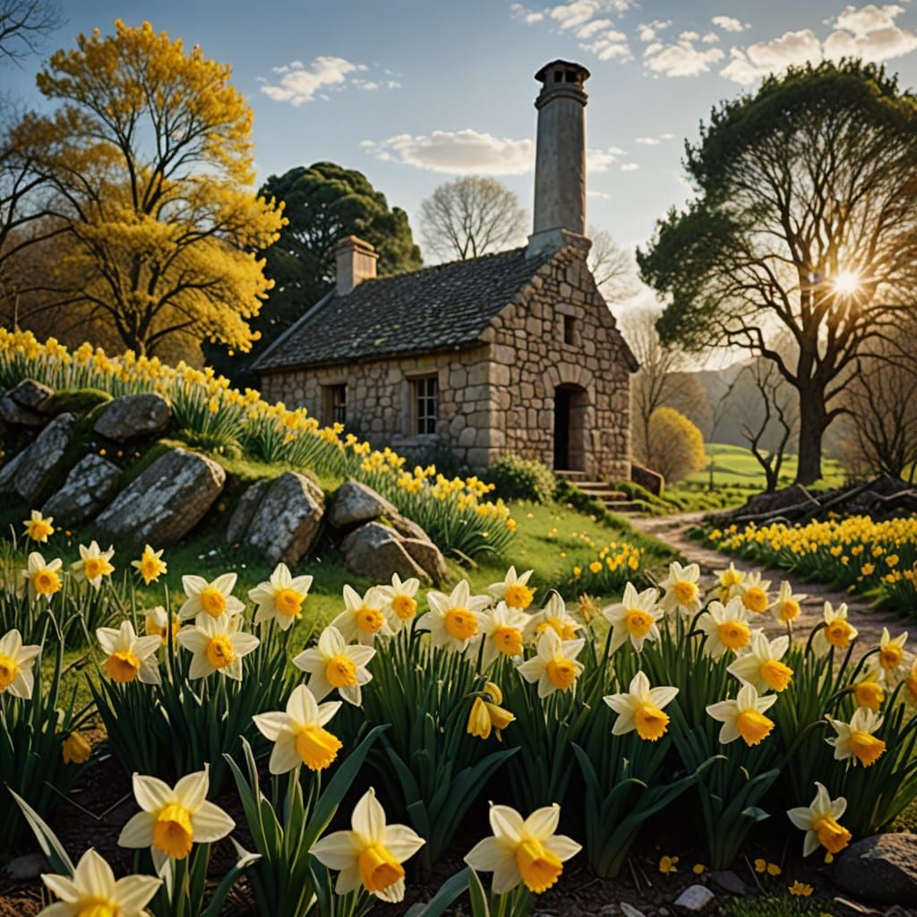 Limestone Chimney Amidst Ruins in a Valley Meadow