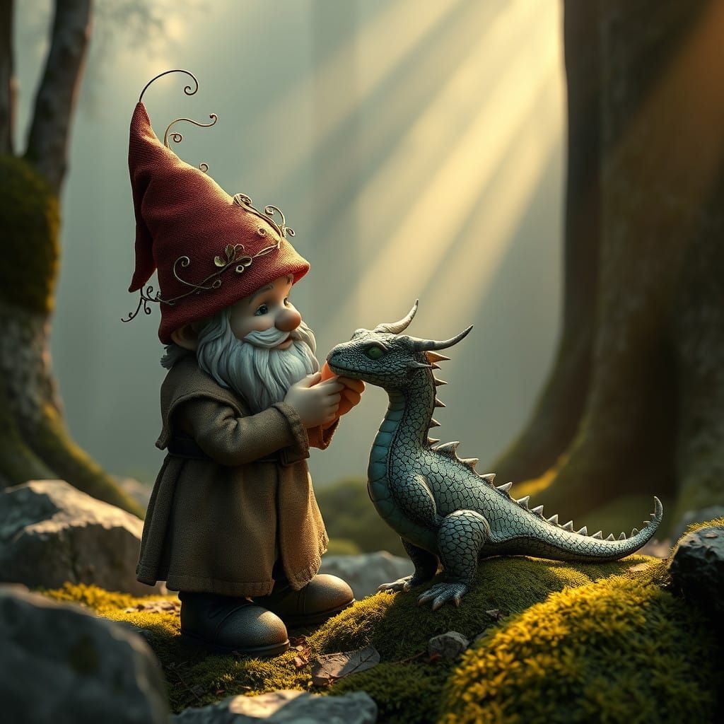 Whimsical Garden Gnome and Dragon in Enchanted Forest