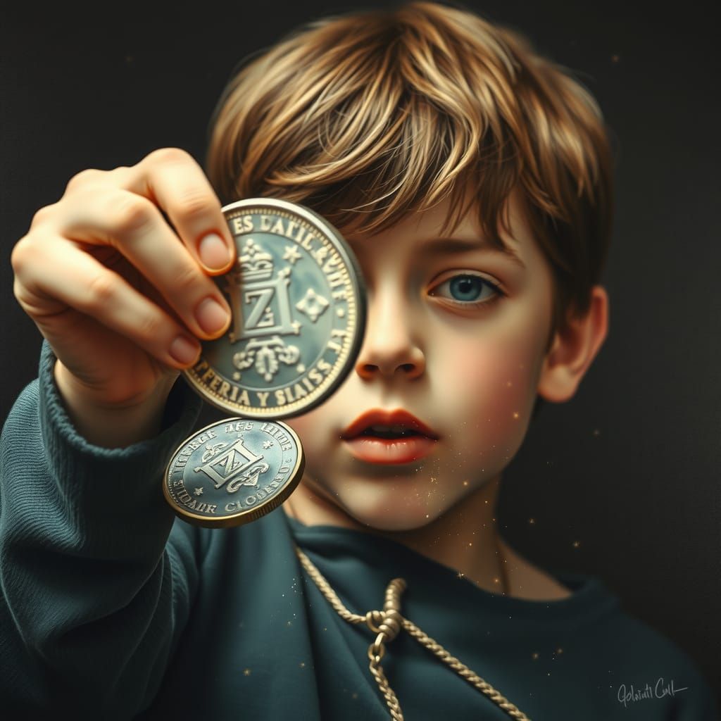 Boy Flipping Coin in Hyperrealistic Oil Painting Style