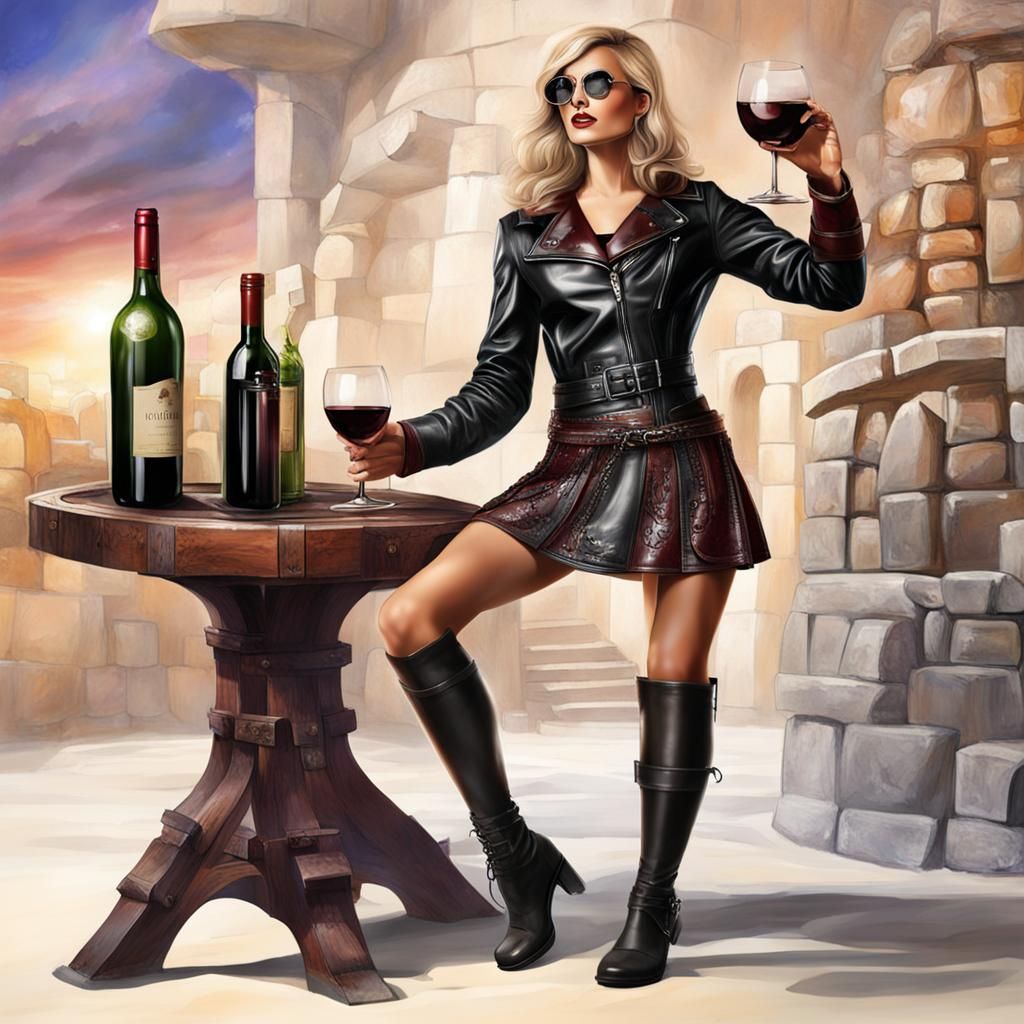 Fantasy Women Enjoying Wine in Leather Miniskirts