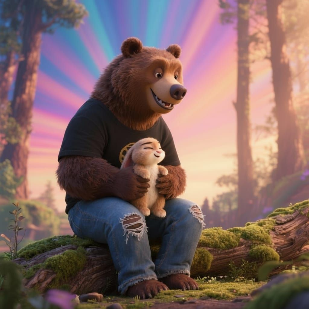 Grizzly Bear Hugs Rabbit in Forest Clearing