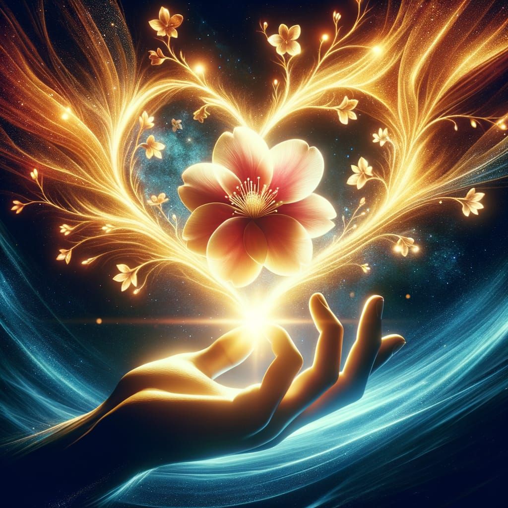 Glowing Flower in Heart with Reaching Hand