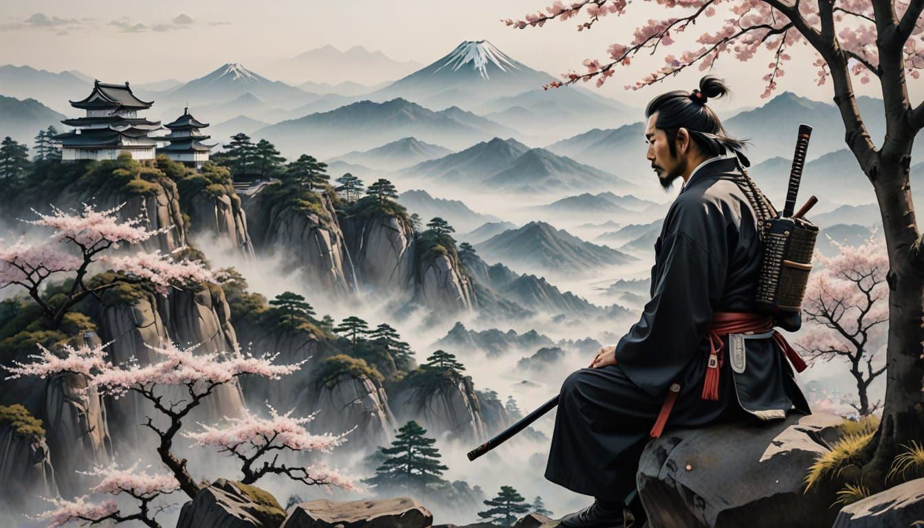 Samurai Meditation in Japanese Ink Wash Painting Style