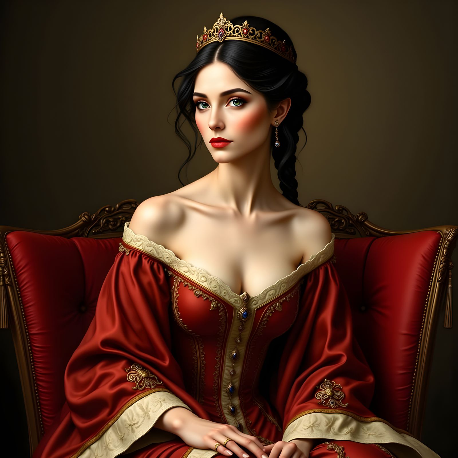 Regal Elven Queen in Crimson Gown