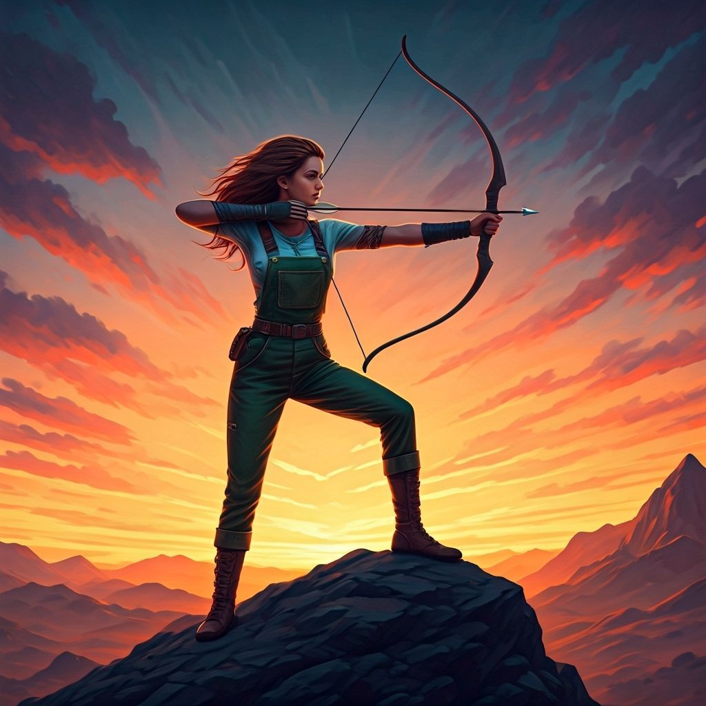 Majestic Archer Woman Warrior at Sunset Sky