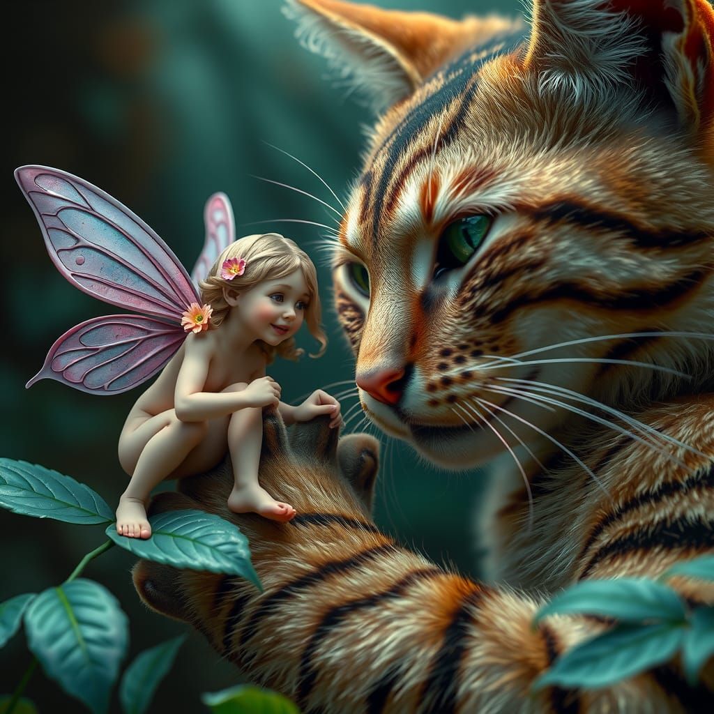Flower Fairy Heals Cat Paw, Brian Froud Style