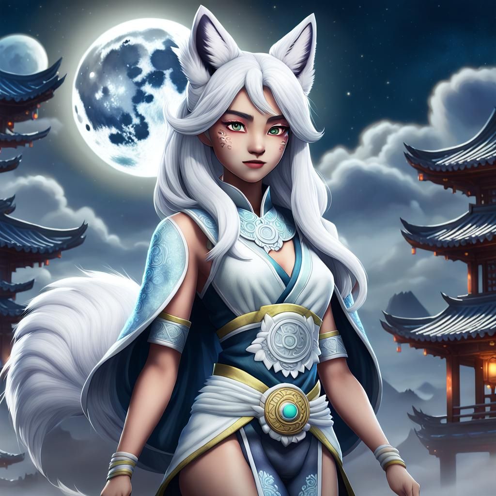 Kitsune Woman in Front of Moon, Hyperrealistic Art