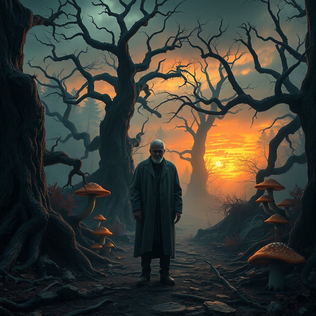 Mysterious Elderly Wanderer Lost in Twilight Forest