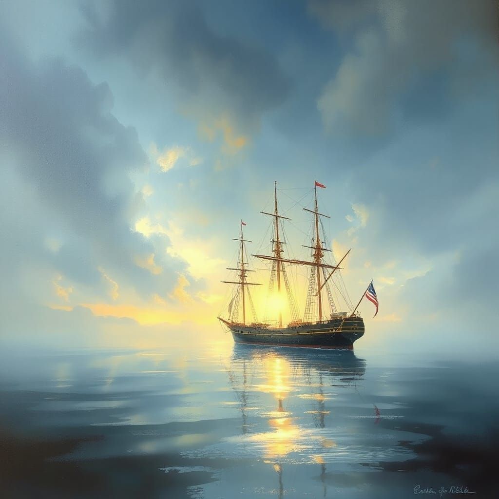 Ethereal Oil Painting of a Ship at the Mouth of the Seine