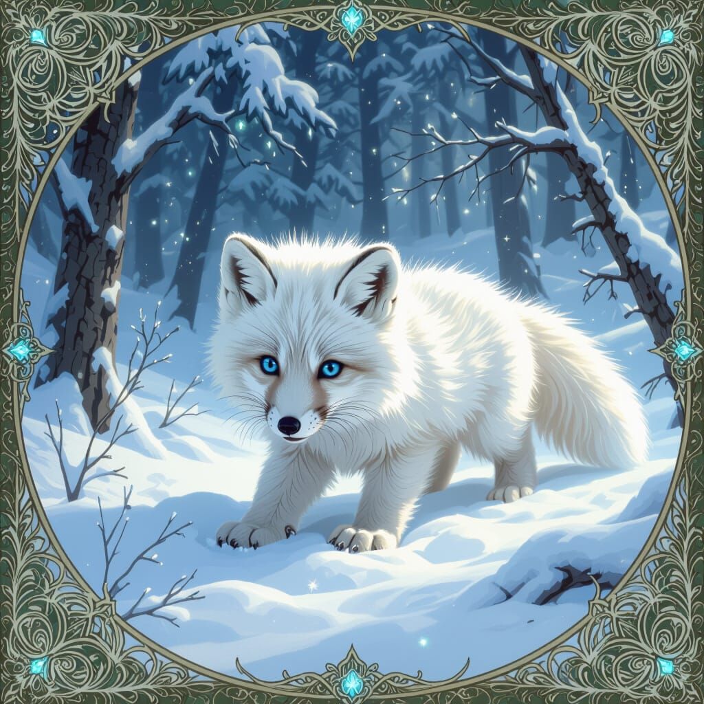 A fluffy arctic fox cub with bright blue eyes explores a snow-covered forest, its fur blending seamlessly with the winte...
