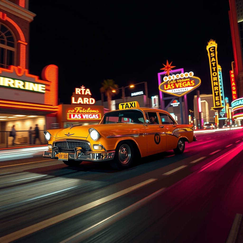 Vibrant 1950s Taxi Cab Speeds Through Neon-Lit Las Vegas Nig...