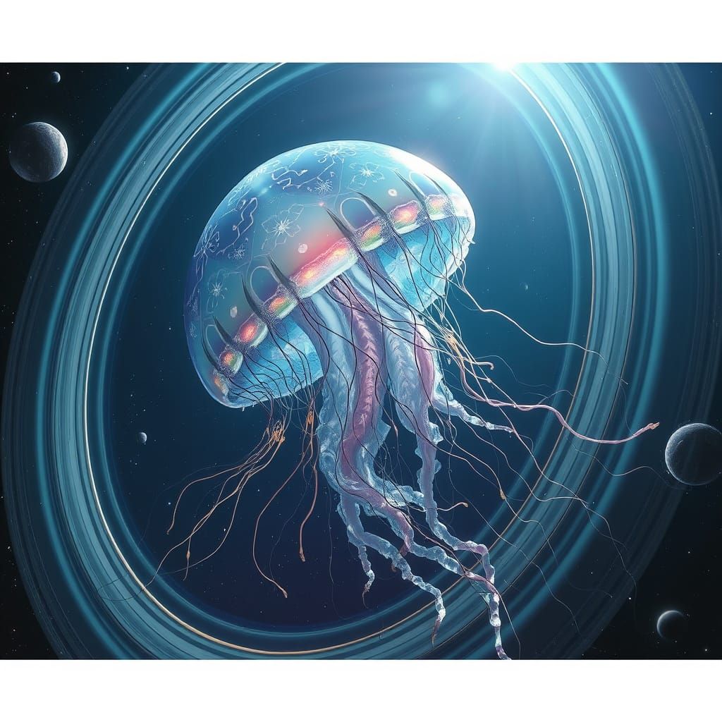 Bioluminescent Jellyfish Drifting Through Saturn's Rings