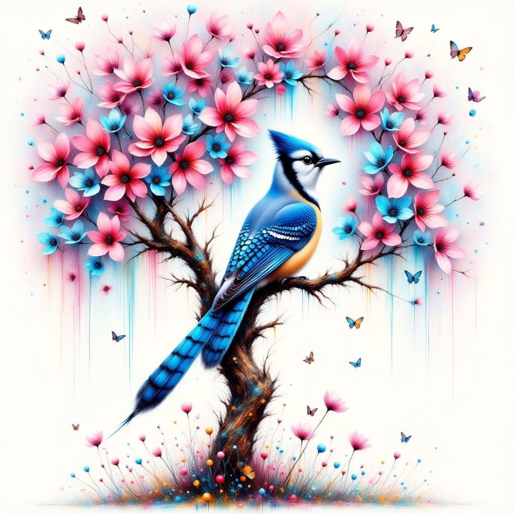 Whimsical Blue Jay Among Blossom Tree