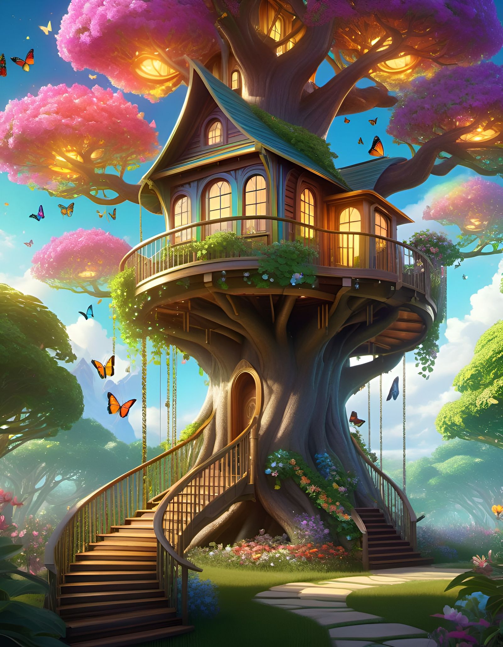 Ornate Magic Treehouse with Rainbow Flowers: Spring Landscap...