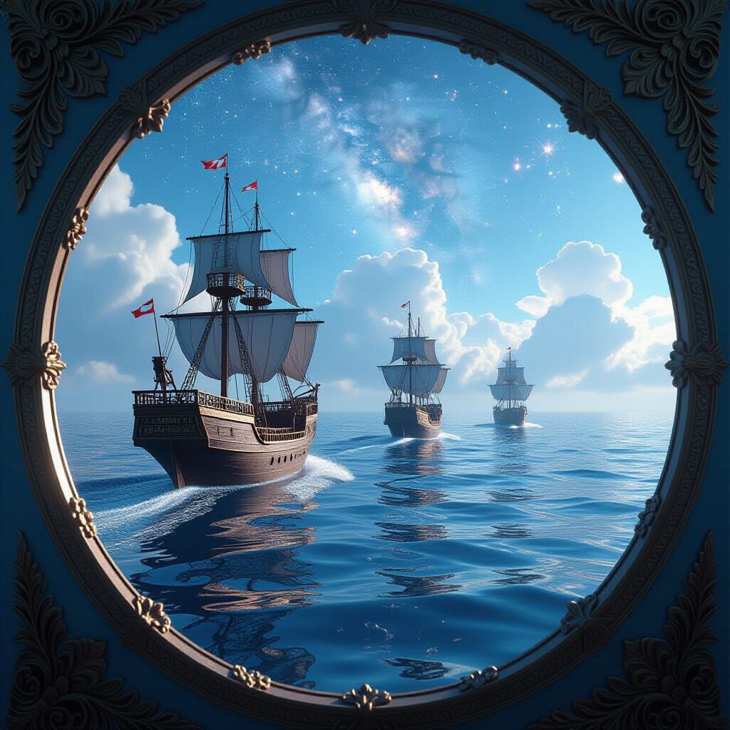 Majestic Ships on Misty Ocean Under Cosmic Sky