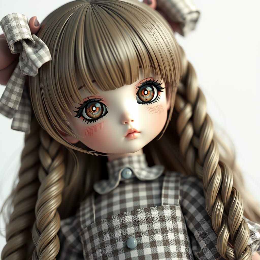 Vibrant Anime Doll with Gingham Print in Hyperdetailed 3D