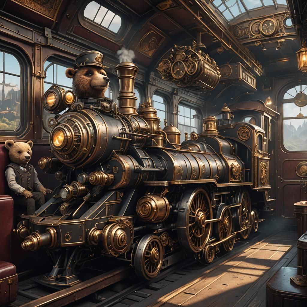 Steampunk Train Interior with Bear Robots