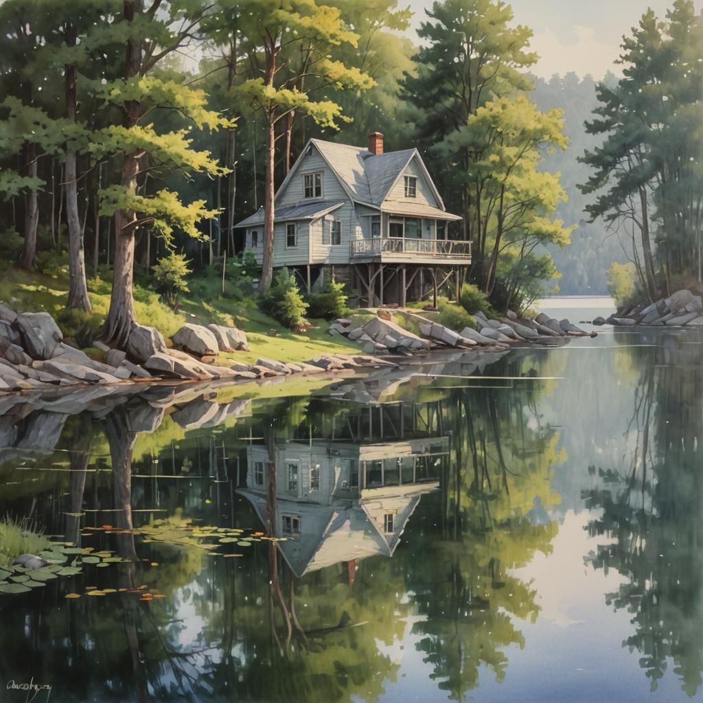 Peaceful Lakehouse Reflected in Watercolor Painting