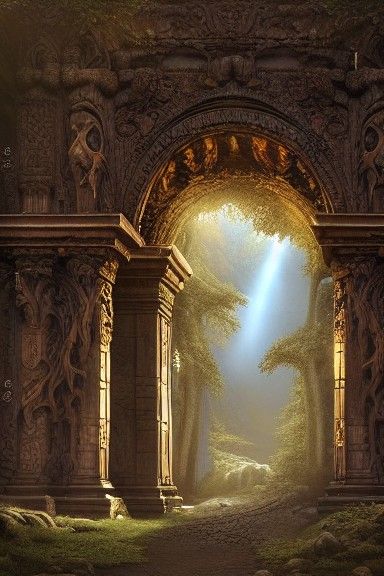 Ornate Stone Gateway in Dark Forest, Detailed Matte Painting