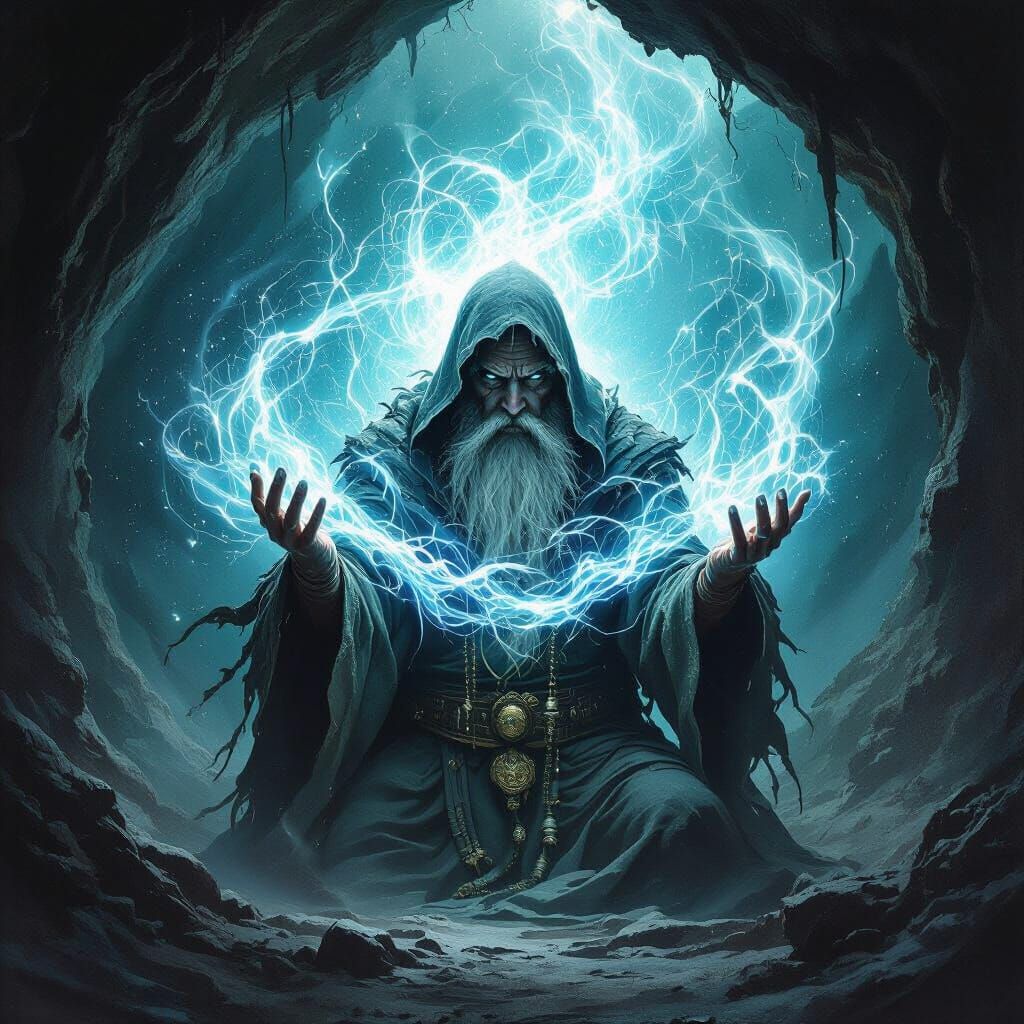 Ancient Mage Shaman Performing Cosmic Ritual in Shadowy Cave...