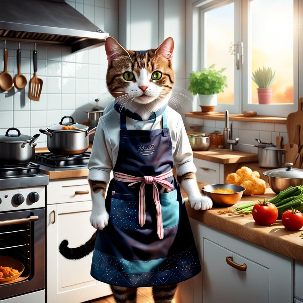 Hyperrealistic Cat Chef in Kitchen: Digital Art