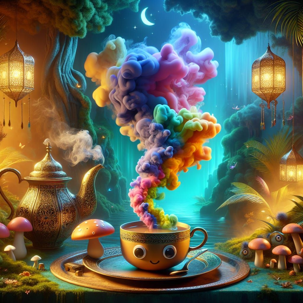 Surreal Teacup Mushrooms in a Rainbow Forest