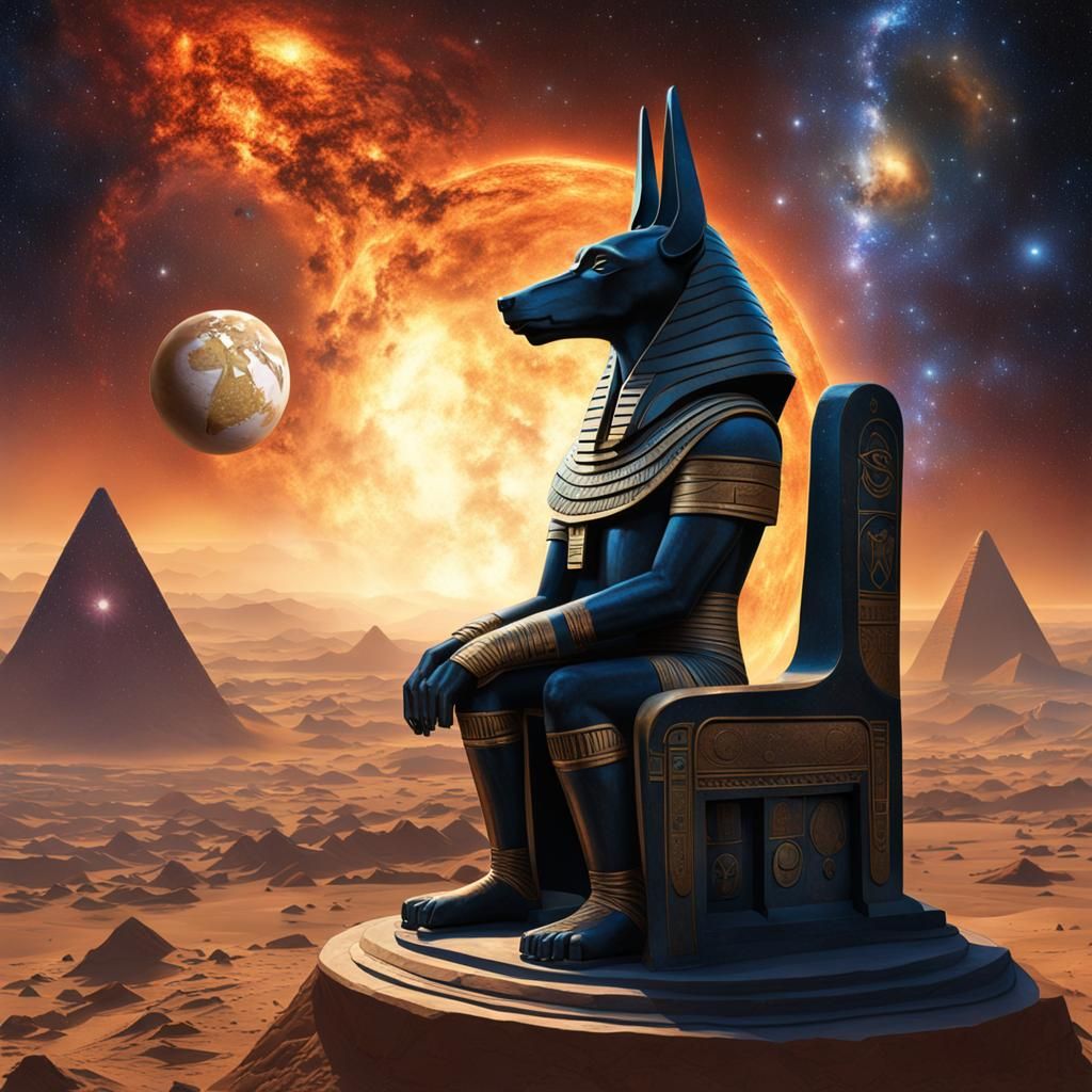 Anubis Statue in Space with Supernovas