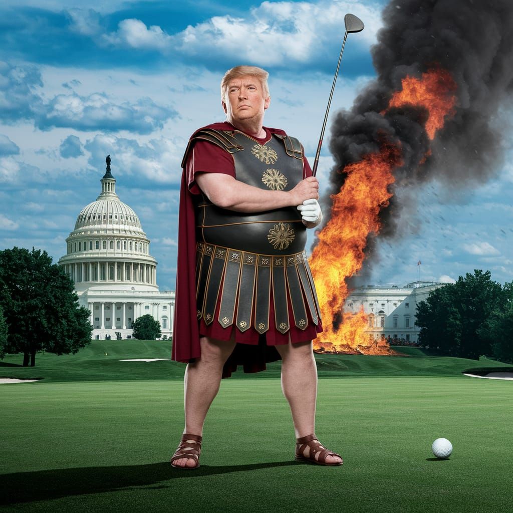 Fat Donald Trump dressed as a Roman, playing golf while Washington DC burns in the background, high resolution, detailed...