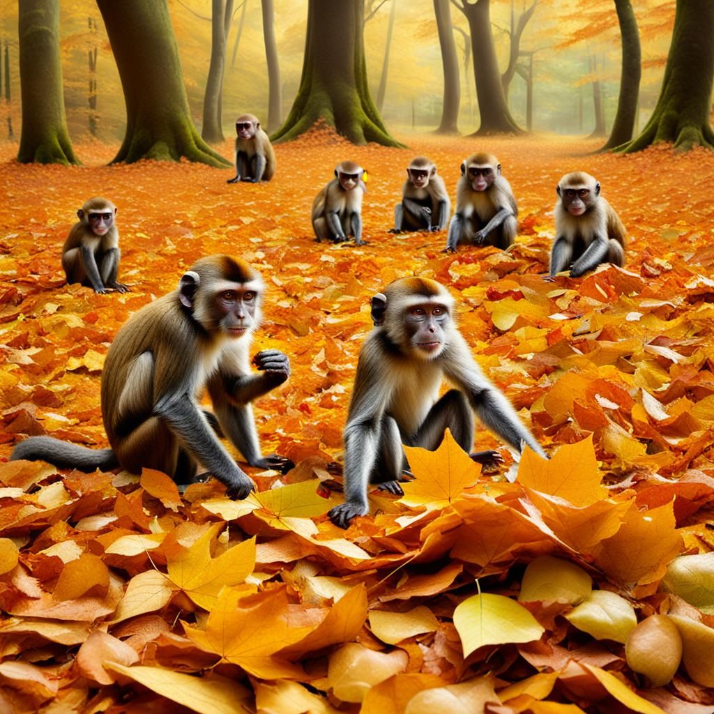 Autumn Monkeys Gathering Leaves in Forest
