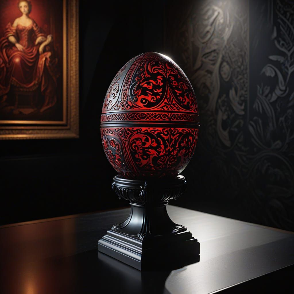 Gothic Easter Egg on Obsidian Pedestal in Museum Lighting
