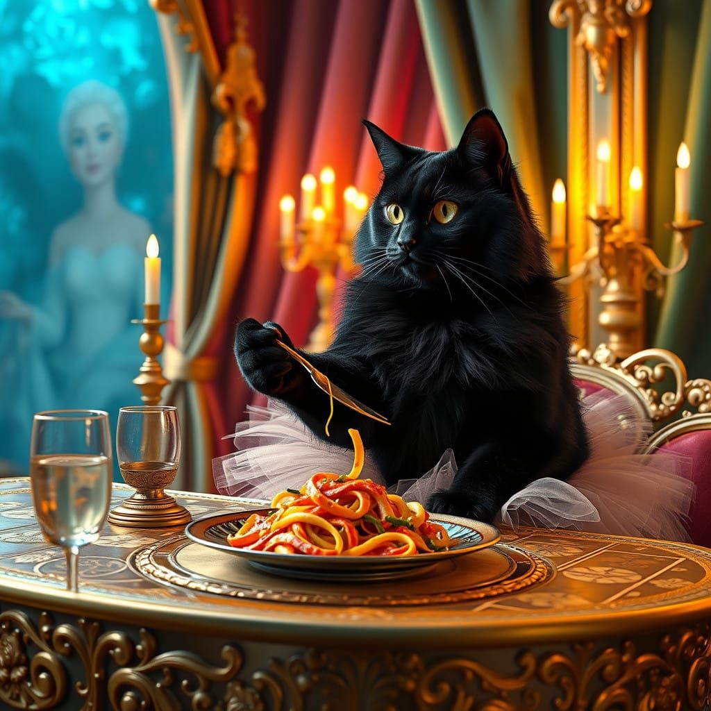 Regal Feline Savoring Pasta in Lavish Settings