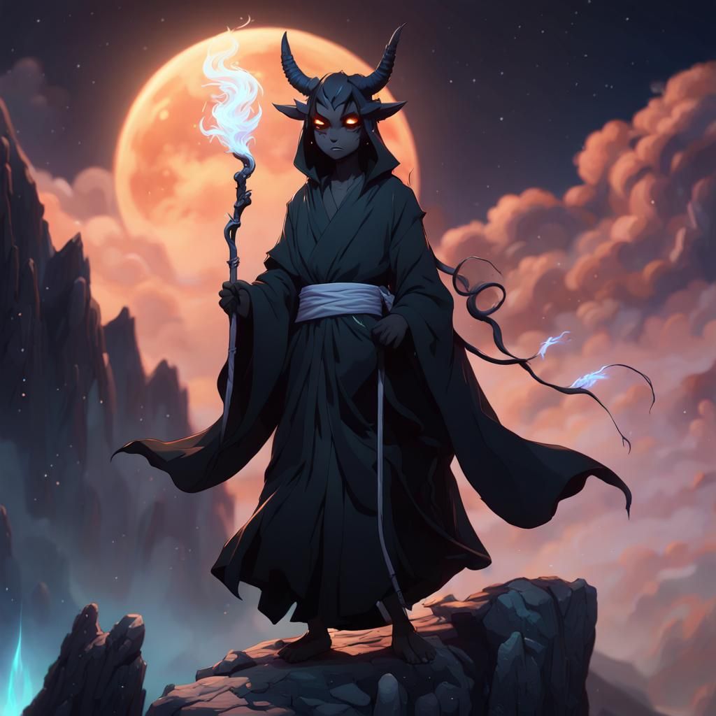 Cute Shadow Demon with Staff, 3D Anime Art