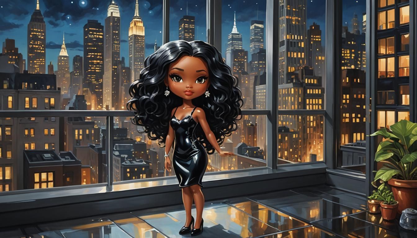 Chibi Woman in NYC Penthouse, Glossy Oil Painting