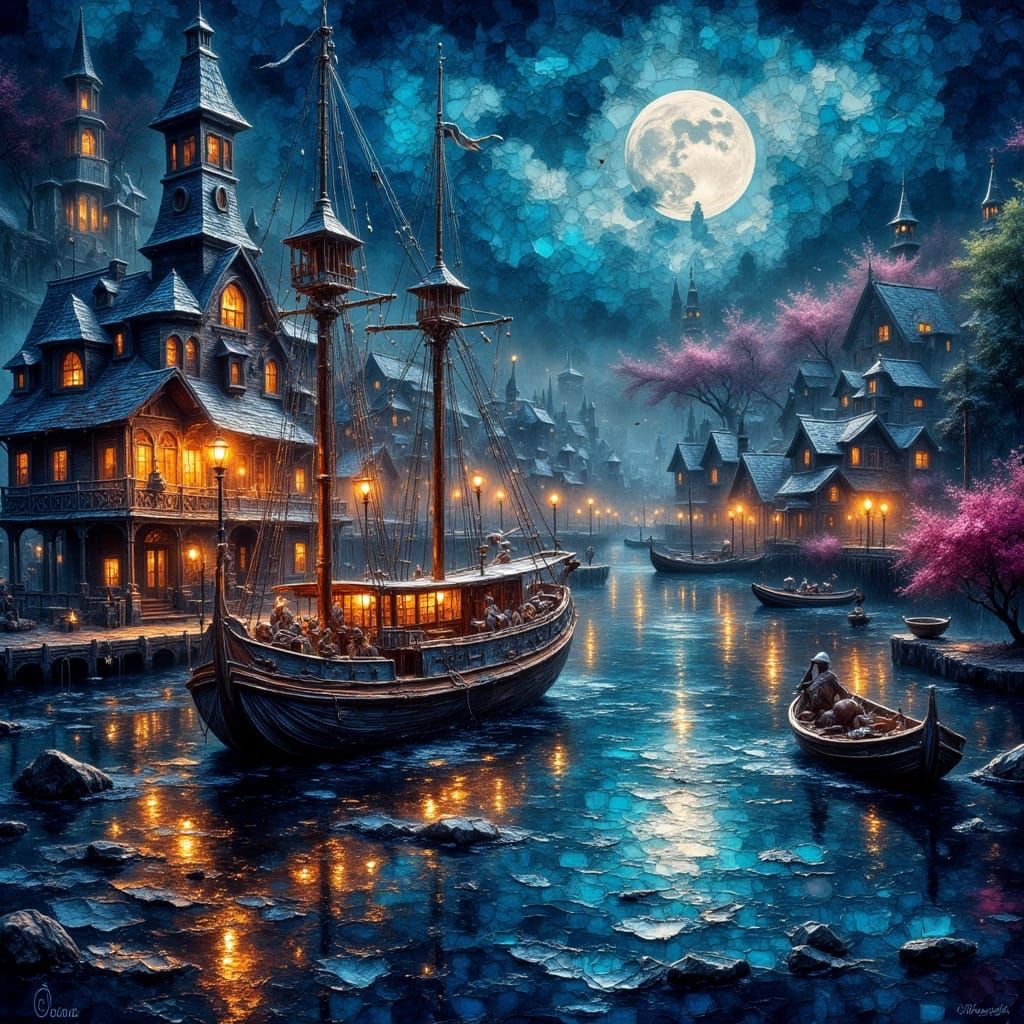 Victorian Fantasy Harbor with Shimmering Lights